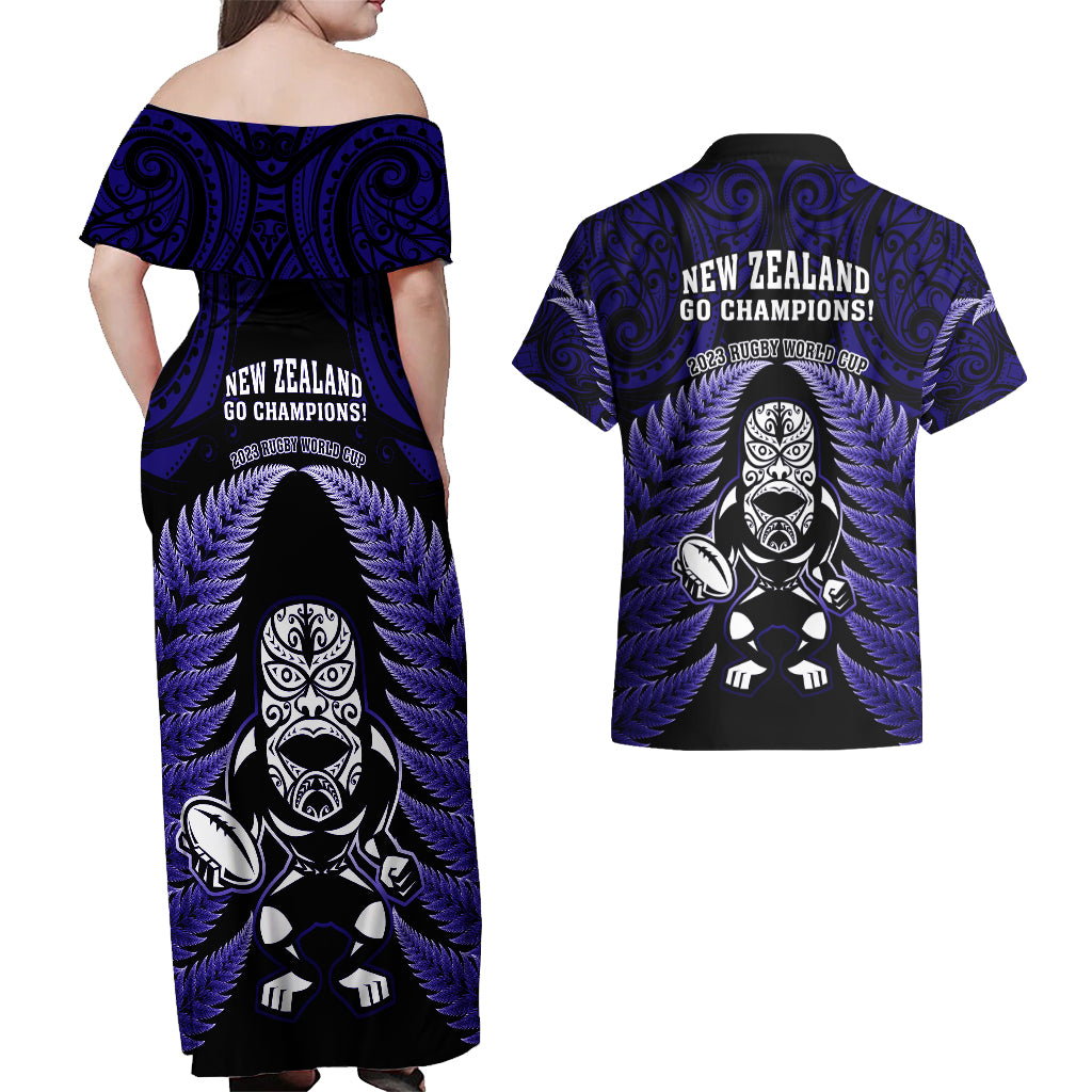New Zealand Aotearoa Rugby Couples Matching Off Shoulder Maxi Dress and Hawaiian Shirt NZ Tiki With Maori Fern World Cup Blue Version LT14 - Polynesian Pride
