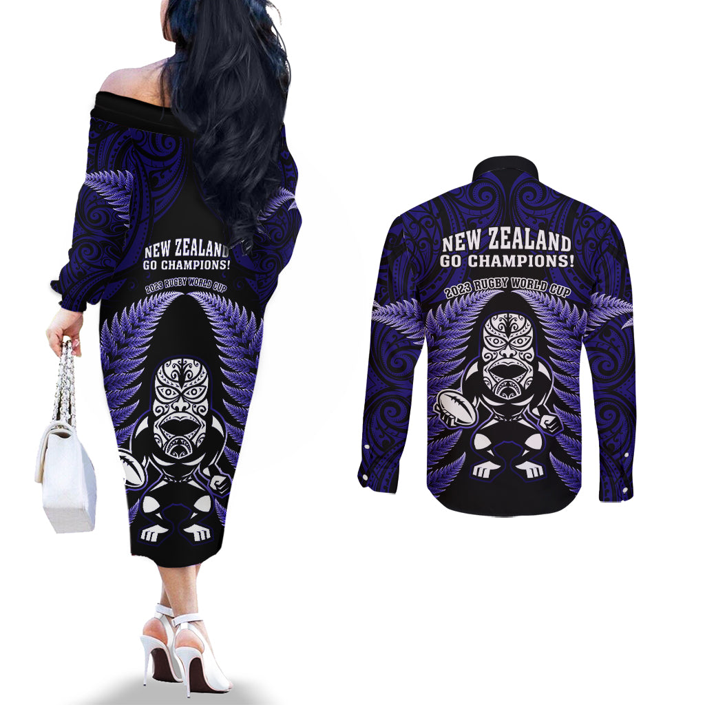 New Zealand Aotearoa Rugby Couples Matching Off The Shoulder Long Sleeve Dress and Long Sleeve Button Shirts NZ Tiki With Maori Fern World Cup Blue Version LT14 - Polynesian Pride