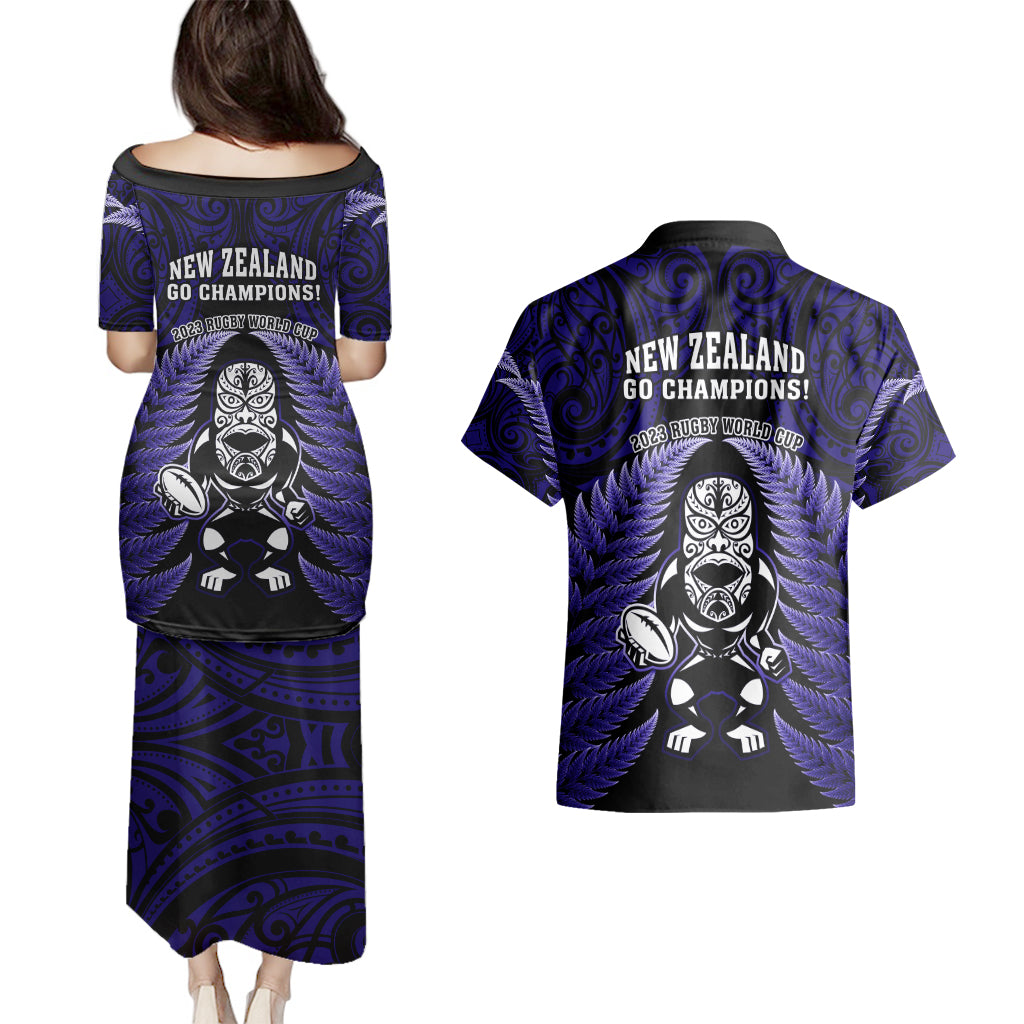 New Zealand Aotearoa Rugby Couples Matching Puletasi Dress and Hawaiian Shirt NZ Tiki With Maori Fern World Cup Blue Version LT14 - Polynesian Pride