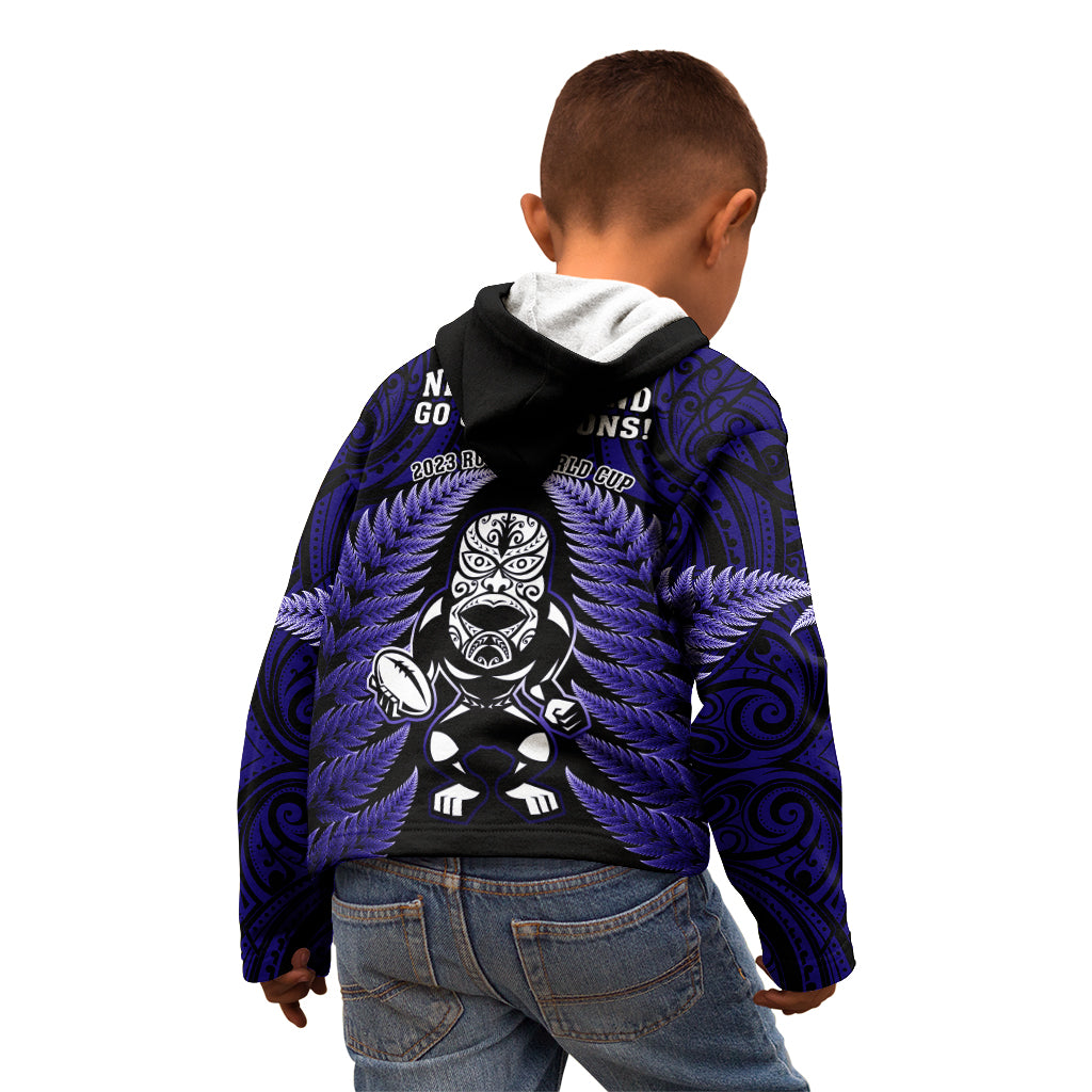 New Zealand Aotearoa Rugby Kid Hoodie NZ Tiki With Maori Fern World Cup Blue Version LT14 - Polynesian Pride