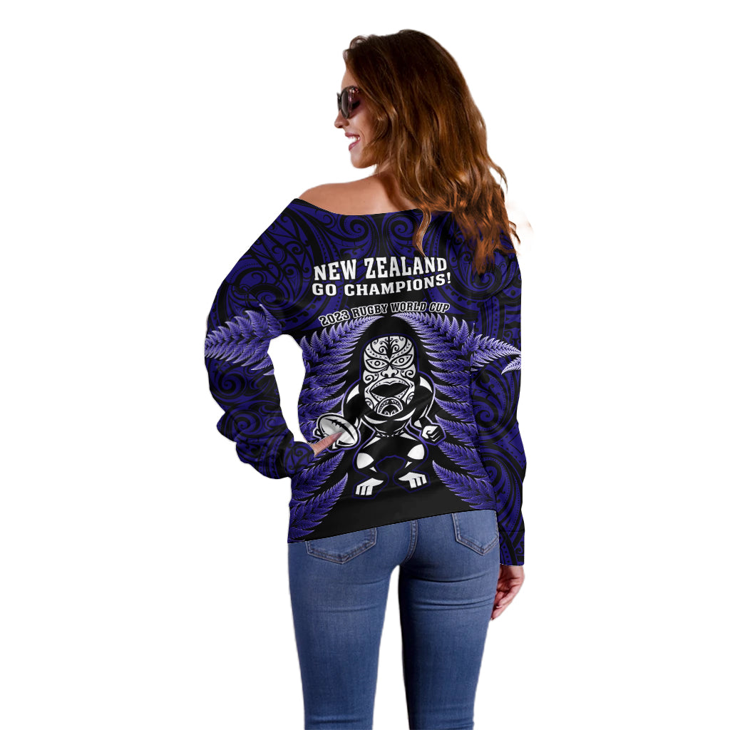New Zealand Aotearoa Rugby Off Shoulder Sweater NZ Tiki With Maori Fern World Cup Blue Version LT14 - Polynesian Pride
