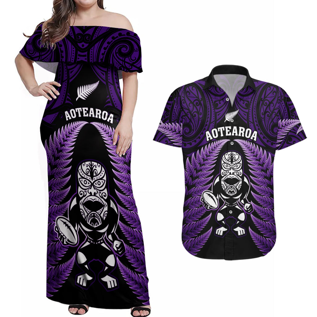 New Zealand Aotearoa Rugby Couples Matching Off Shoulder Maxi Dress and Hawaiian Shirt NZ Tiki With Maori Fern World Cup Purple Version LT14 Purple - Polynesian Pride