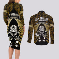 New Zealand Aotearoa Rugby Couples Matching Long Sleeve Bodycon Dress and Long Sleeve Button Shirts NZ Tiki With Maori Fern World Cup Gold Version LT14 - Polynesian Pride
