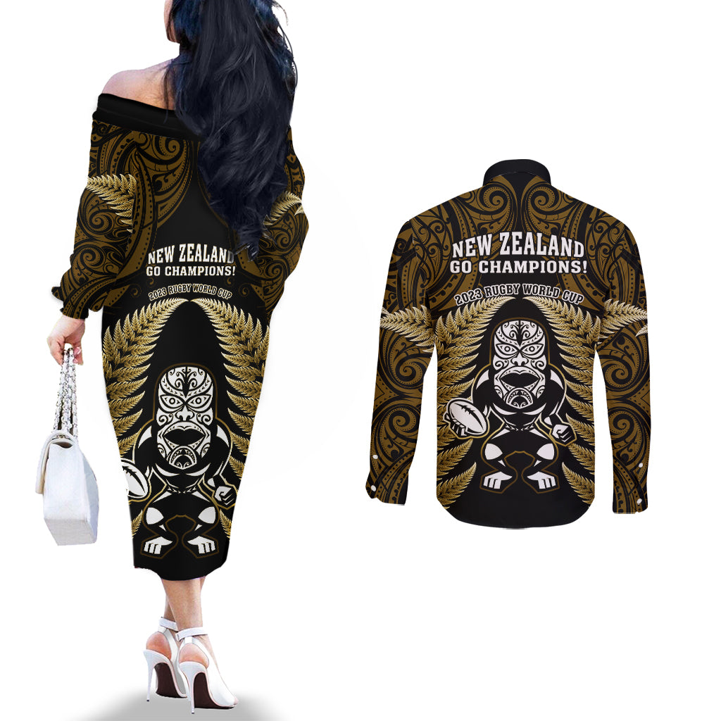 New Zealand Aotearoa Rugby Couples Matching Off The Shoulder Long Sleeve Dress and Long Sleeve Button Shirts NZ Tiki With Maori Fern World Cup Gold Version LT14 - Polynesian Pride