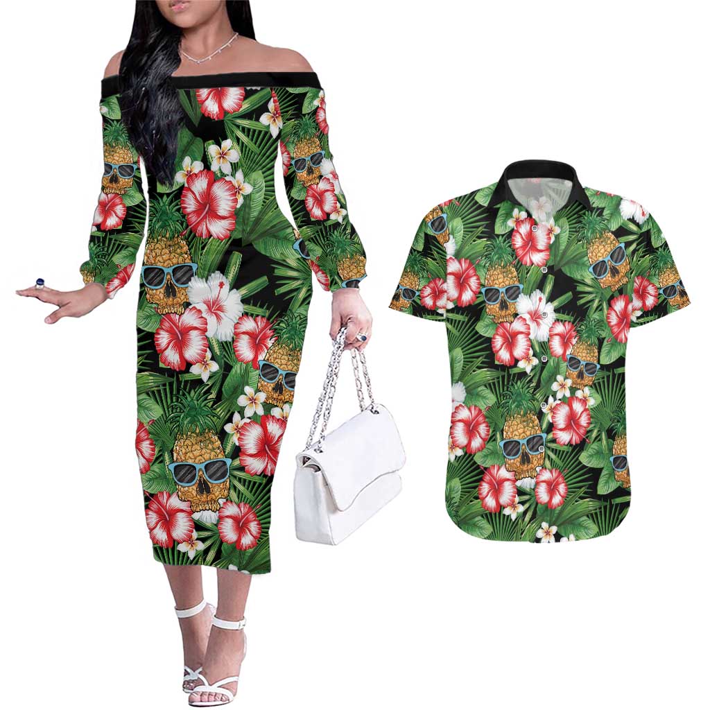 Pineapple Skull Aloha Hawaii Couples Matching Off The Shoulder Long Sleeve Dress and Hawaiian Shirt Summer Vibes Tropical Seamless Pattern - Polynesian Pride