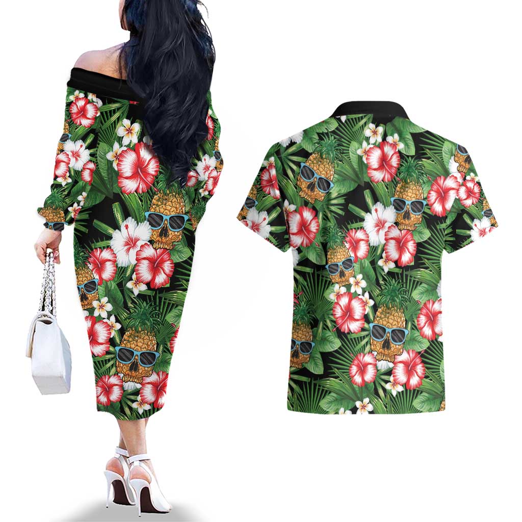 Pineapple Skull Aloha Hawaii Couples Matching Off The Shoulder Long Sleeve Dress and Hawaiian Shirt Summer Vibes Tropical Seamless Pattern - Polynesian Pride
