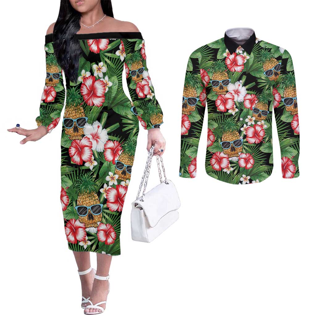 Pineapple Skull Aloha Hawaii Couples Matching Off The Shoulder Long Sleeve Dress and Long Sleeve Button Shirt Summer Vibes Tropical Seamless Pattern - Polynesian Pride