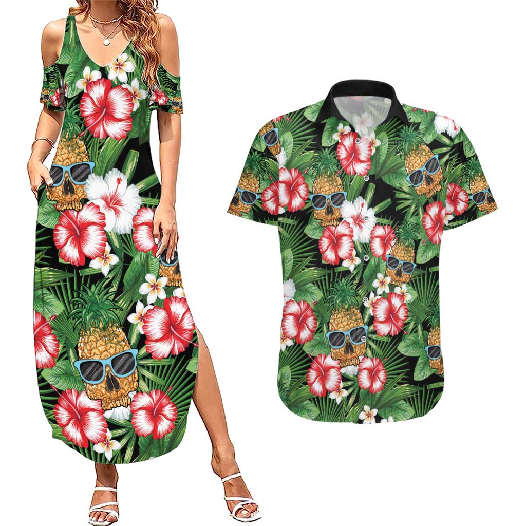 Pineapple Skull Aloha Hawaii Couples Matching Summer Maxi Dress and Hawaiian Shirt Summer Vibes Tropical Seamless Pattern - Polynesian Pride