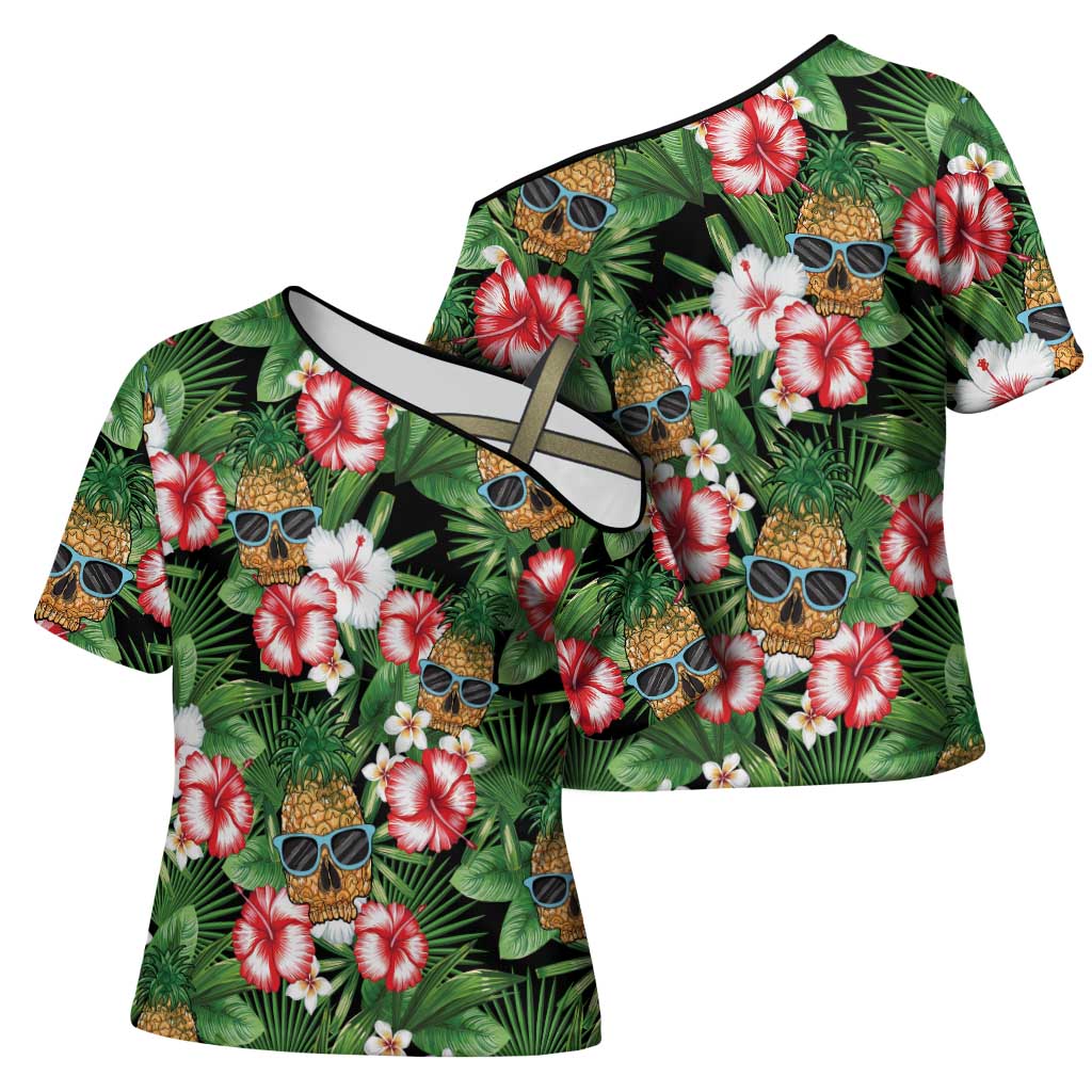 Pineapple Skull Aloha Hawaii Cross Shoulder Shirt Summer Vibes Tropical Seamless Pattern - Polynesian Pride