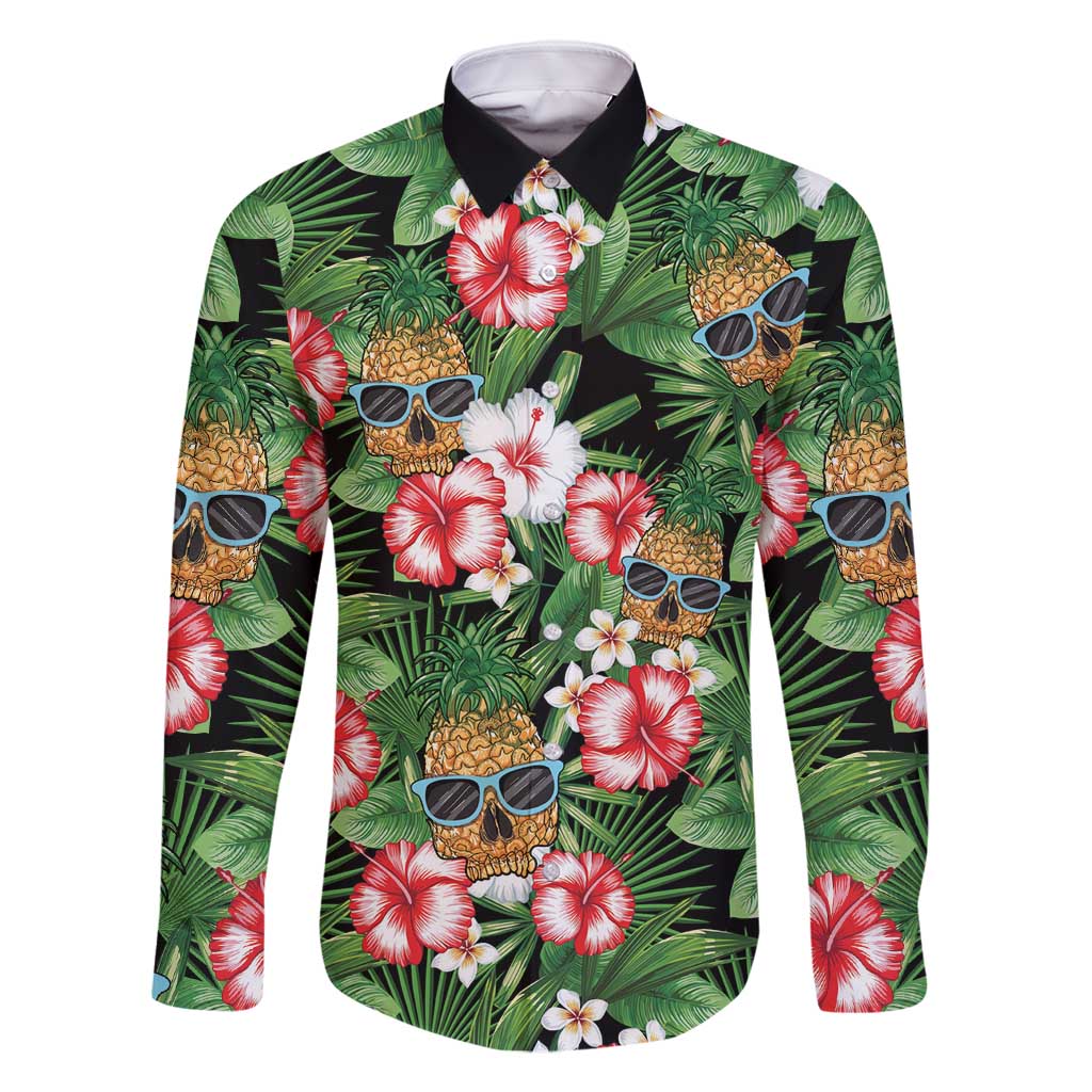 Pineapple Skull Aloha Hawaii Family Matching Long Sleeve Bodycon Dress and Hawaiian Shirt Summer Vibes Tropical Seamless Pattern - Polynesian Pride