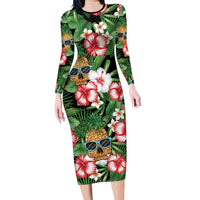 Pineapple Skull Aloha Hawaii Family Matching Long Sleeve Bodycon Dress and Hawaiian Shirt Summer Vibes Tropical Seamless Pattern - Polynesian Pride