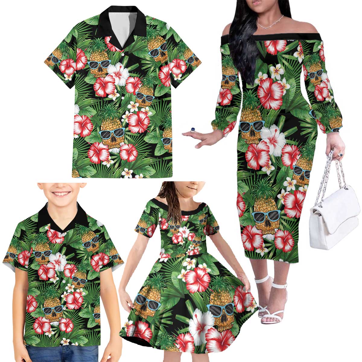 Pineapple Skull Aloha Hawaii Family Matching Off The Shoulder Long Sleeve Dress and Hawaiian Shirt Summer Vibes Tropical Seamless Pattern LT14 - Polynesian Pride
