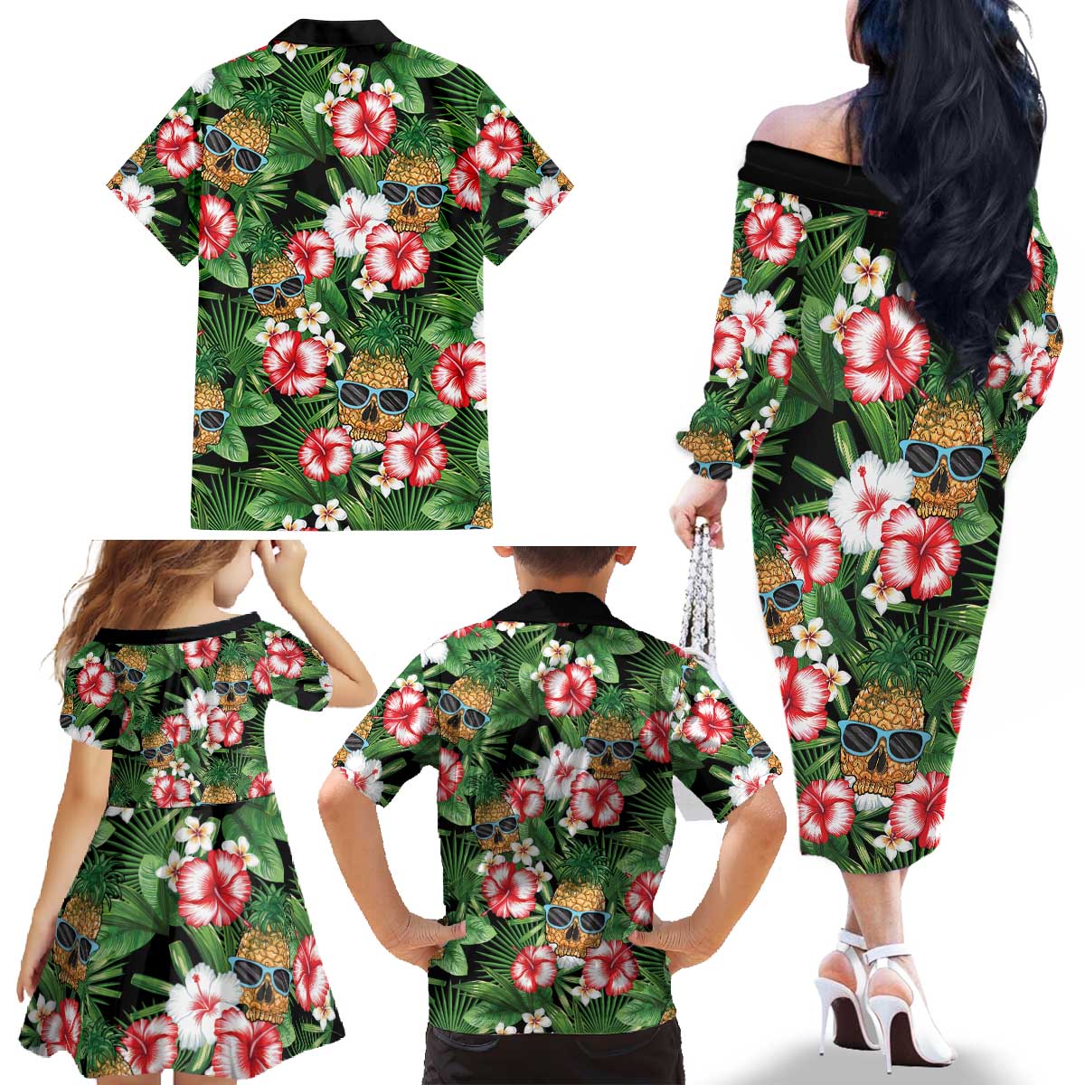 Pineapple Skull Aloha Hawaii Family Matching Off The Shoulder Long Sleeve Dress and Hawaiian Shirt Summer Vibes Tropical Seamless Pattern LT14 - Polynesian Pride