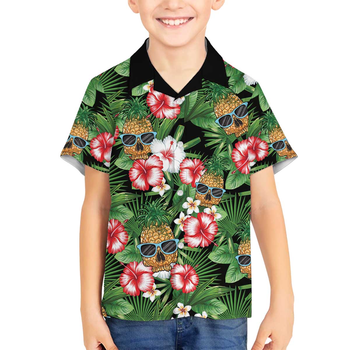 Pineapple Skull Aloha Hawaii Family Matching Off The Shoulder Long Sleeve Dress and Hawaiian Shirt Summer Vibes Tropical Seamless Pattern LT14 Son's Shirt Black - Polynesian Pride