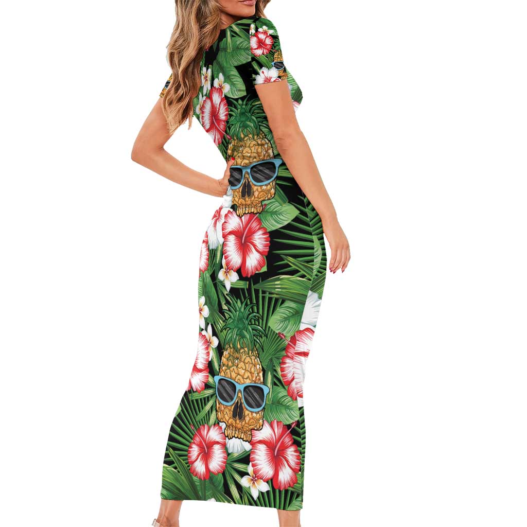 Pineapple Skull Aloha Hawaii Family Matching Short Sleeve Bodycon Dress and Hawaiian Shirt Summer Vibes Tropical Seamless Pattern - Polynesian Pride