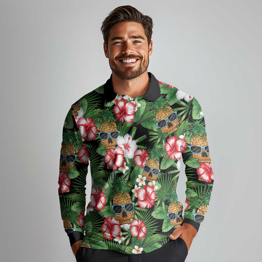 Pineapple Skull Aloha Hawaii Long Sleeve Polo Shirt Summer Vibes Tropical Seamless Pattern - Polynesian Pride