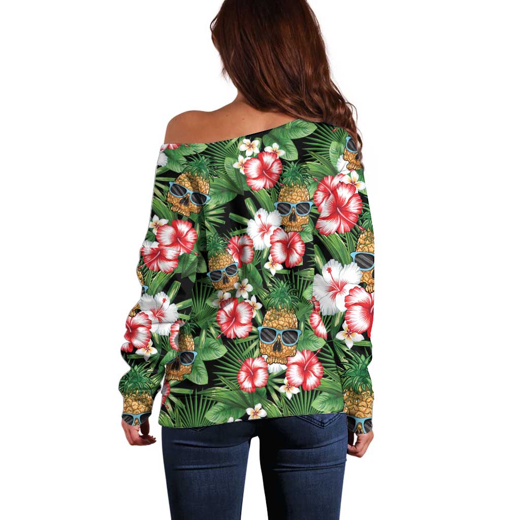 Pineapple Skull Aloha Hawaii Off Shoulder Sweater Summer Vibes Tropical Seamless Pattern - Polynesian Pride
