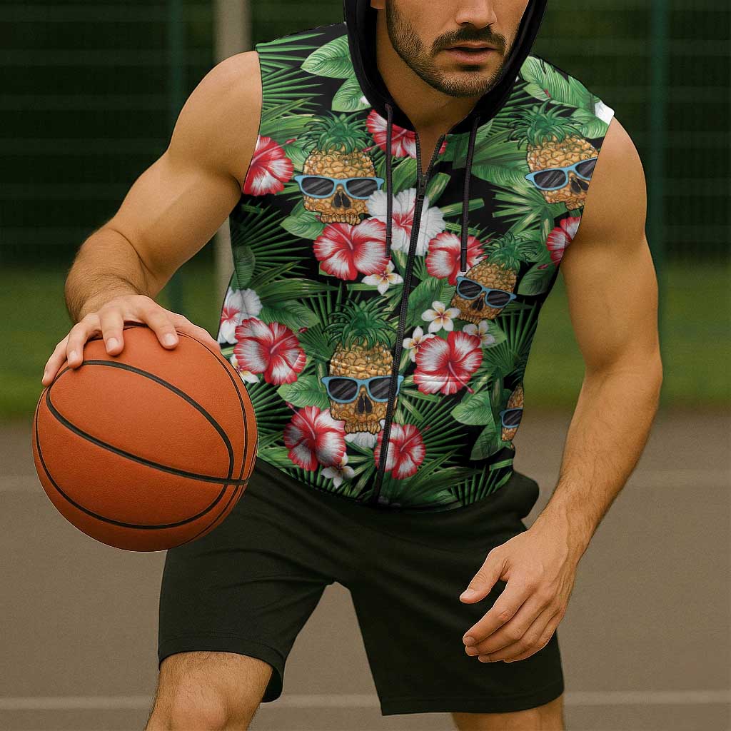 Pineapple Skull Aloha Hawaii Sleeveless Zip Hoodie Summer Vibes Tropical Seamless Pattern - Polynesian Pride