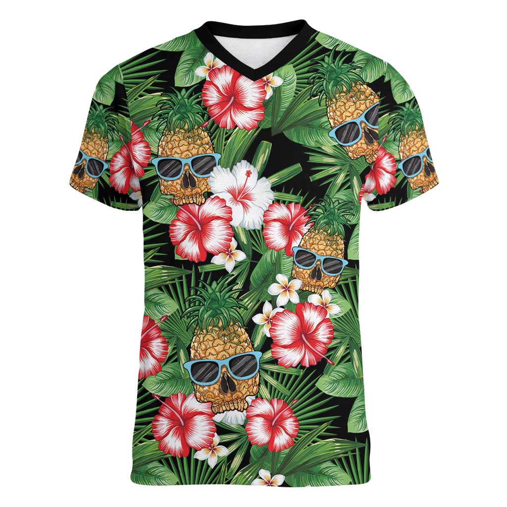 Pineapple Skull Aloha Hawaii Women V-Neck T-Shirt Summer Vibes Tropical Seamless Pattern LT14 Female Black - Polynesian Pride