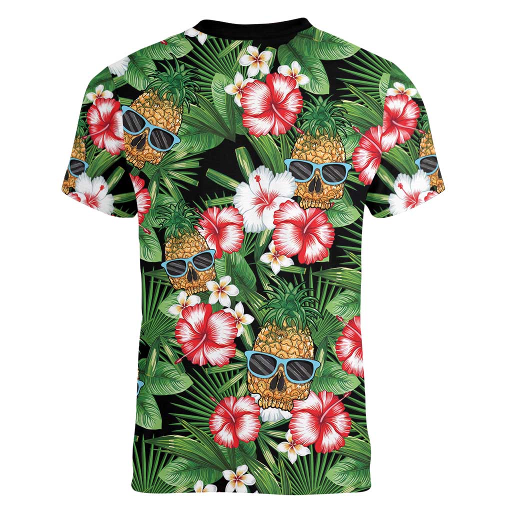 Pineapple Skull Aloha Hawaii Women V-Neck T-Shirt Summer Vibes Tropical Seamless Pattern LT14 - Polynesian Pride