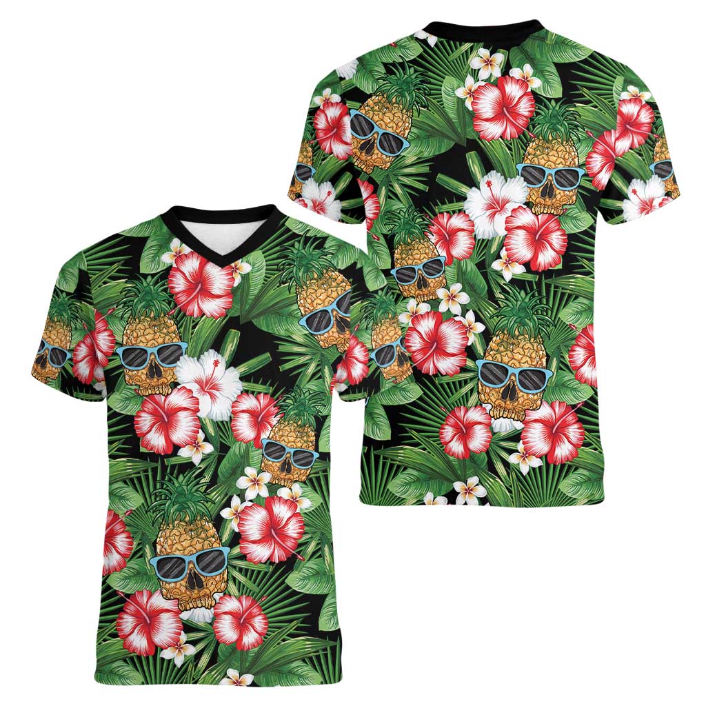 Pineapple Skull Aloha Hawaii Women V-Neck T-Shirt Summer Vibes Tropical Seamless Pattern LT14 - Polynesian Pride