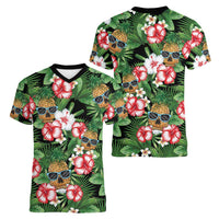 Pineapple Skull Aloha Hawaii Women V-Neck T-Shirt Summer Vibes Tropical Seamless Pattern LT14 - Polynesian Pride