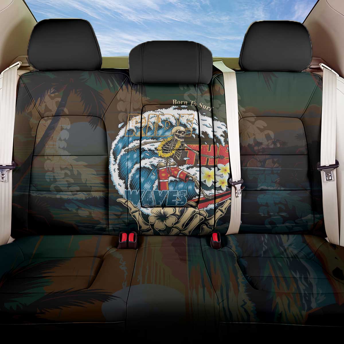 Aloha Hawaii Surfing Skull Back Car Seat Cover Shaka Skeleton Ride The Waves LT14 One Size Black - Polynesian Pride