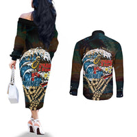 Aloha Hawaii Surfing Skull Couples Matching Off The Shoulder Long Sleeve Dress and Long Sleeve Button Shirt Shaka Skeleton Ride The Waves - Polynesian Pride