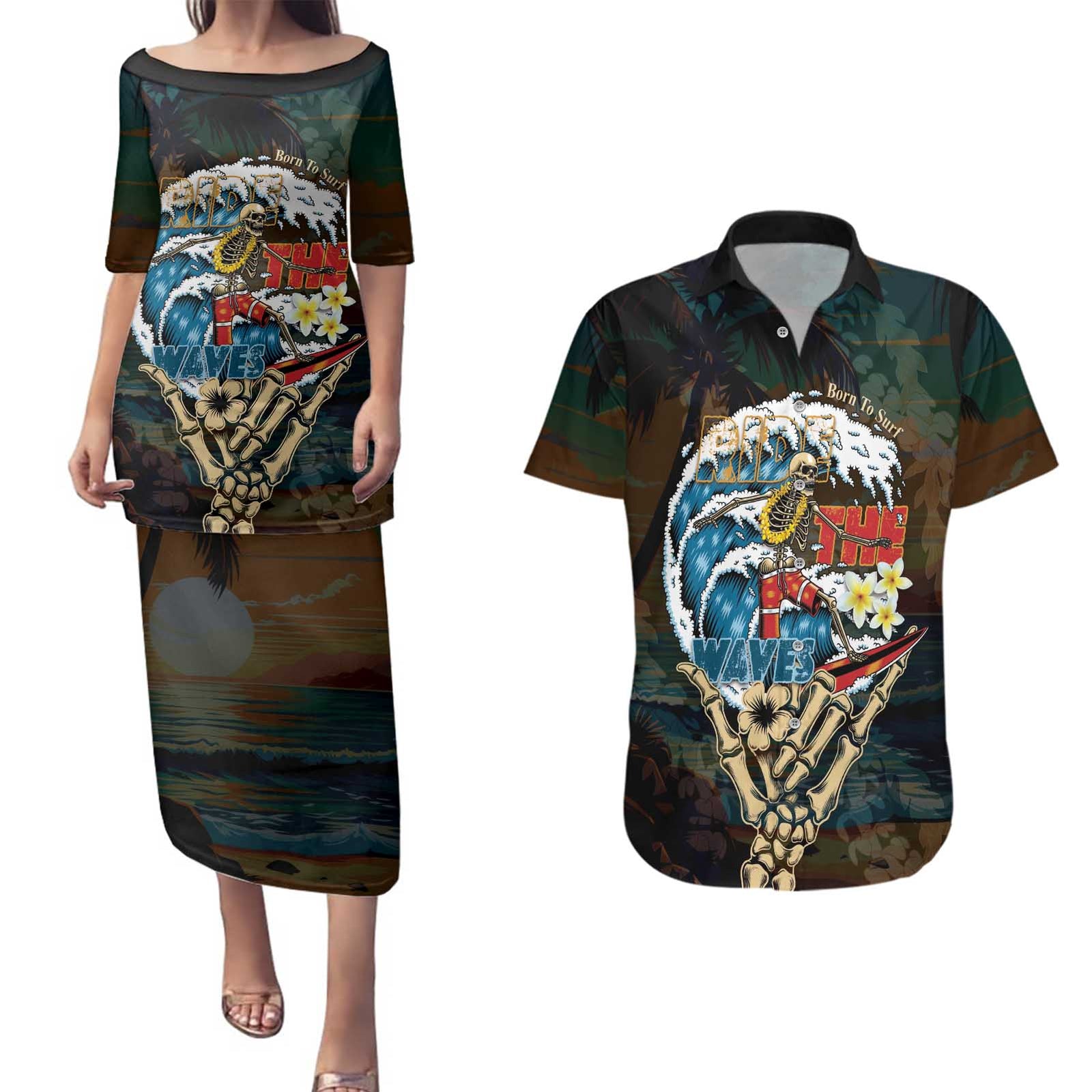 Aloha Hawaii Surfing Skull Couples Matching Puletasi and Hawaiian Shirt Shaka Skeleton Ride The Waves - Polynesian Pride