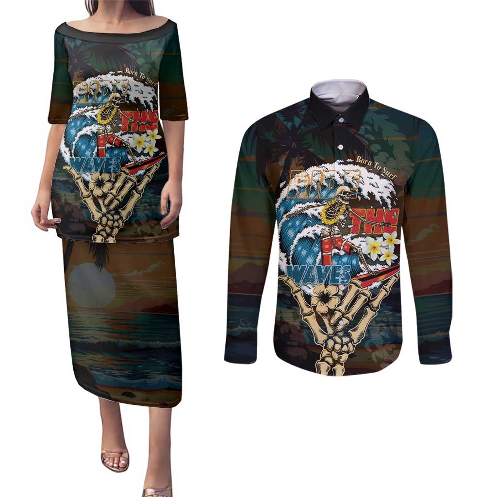 Aloha Hawaii Surfing Skull Couples Matching Puletasi and Long Sleeve Button Shirt Shaka Skeleton Ride The Waves - Polynesian Pride