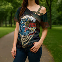 Aloha Hawaii Surfing Skull Cross Shoulder Shirt Shaka Skeleton Ride The Waves - Polynesian Pride