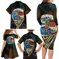 Aloha Hawaii Surfing Skull Family Matching Long Sleeve Bodycon Dress and Hawaiian Shirt Shaka Skeleton Ride The Waves LT14 - Polynesian Pride