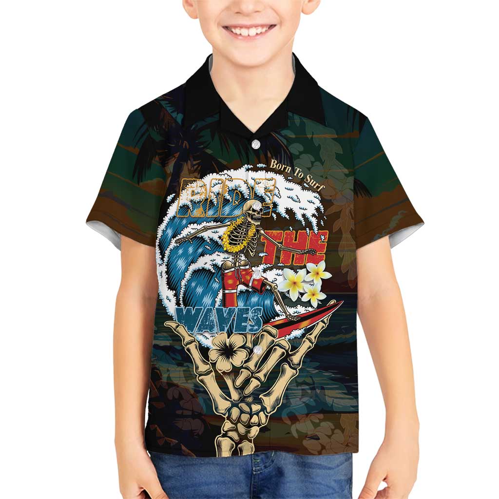 Aloha Hawaii Surfing Skull Family Matching Long Sleeve Bodycon Dress and Hawaiian Shirt Shaka Skeleton Ride The Waves LT14 Son's Shirt Black - Polynesian Pride