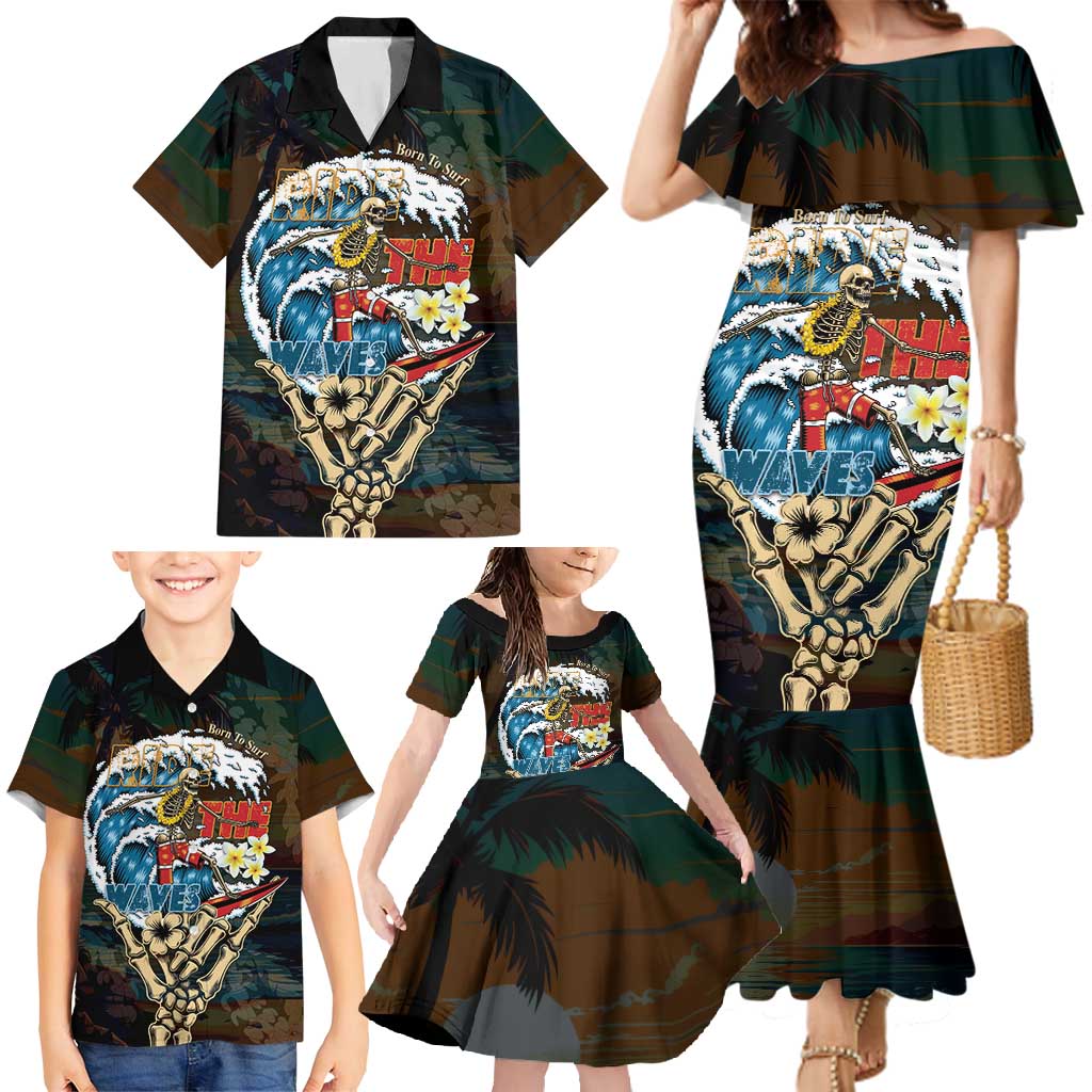 Aloha Hawaii Surfing Skull Family Matching Mermaid Dress and Hawaiian Shirt Shaka Skeleton Ride The Waves LT14 - Polynesian Pride