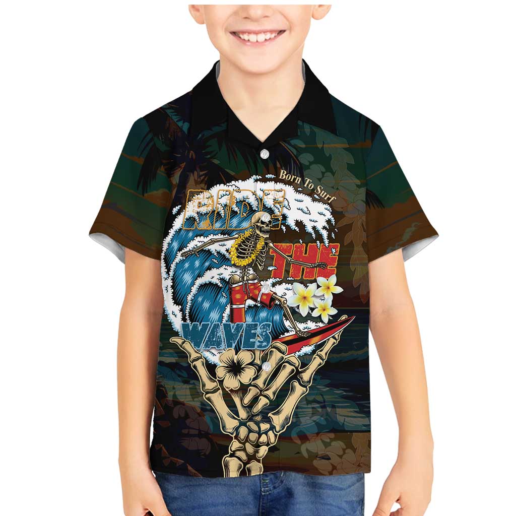 Aloha Hawaii Surfing Skull Family Matching Mermaid Dress and Hawaiian Shirt Shaka Skeleton Ride The Waves LT14 Son's Shirt Black - Polynesian Pride