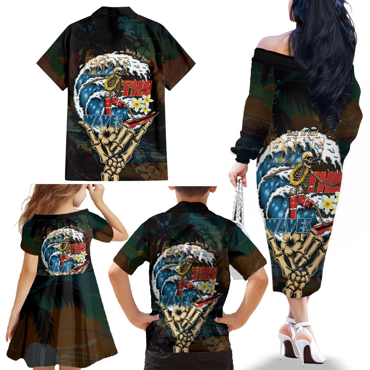 Aloha Hawaii Surfing Skull Family Matching Off The Shoulder Long Sleeve Dress and Hawaiian Shirt Shaka Skeleton Ride The Waves LT14 - Polynesian Pride