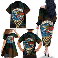Aloha Hawaii Surfing Skull Family Matching Off The Shoulder Long Sleeve Dress and Hawaiian Shirt Shaka Skeleton Ride The Waves LT14 - Polynesian Pride