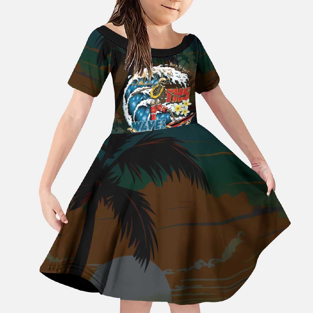 Aloha Hawaii Surfing Skull Family Matching Off Shoulder Maxi Dress and Hawaiian Shirt Shaka Skeleton Ride The Waves LT14 Daughter's Dress Black - Polynesian Pride