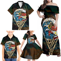 Aloha Hawaii Surfing Skull Family Matching Off Shoulder Maxi Dress and Hawaiian Shirt Shaka Skeleton Ride The Waves LT14 - Polynesian Pride