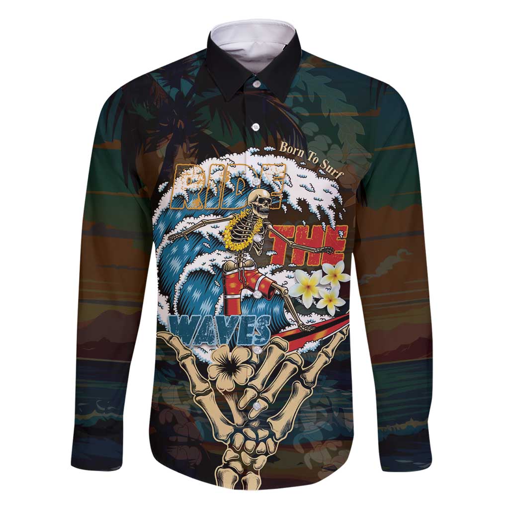 Aloha Hawaii Surfing Skull Family Matching Off Shoulder Maxi Dress and Hawaiian Shirt Shaka Skeleton Ride The Waves LT14 Dad's Shirt - Long Sleeve Black - Polynesian Pride