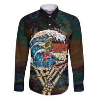 Aloha Hawaii Surfing Skull Family Matching Off Shoulder Maxi Dress and Hawaiian Shirt Shaka Skeleton Ride The Waves LT14 Dad's Shirt - Long Sleeve Black - Polynesian Pride