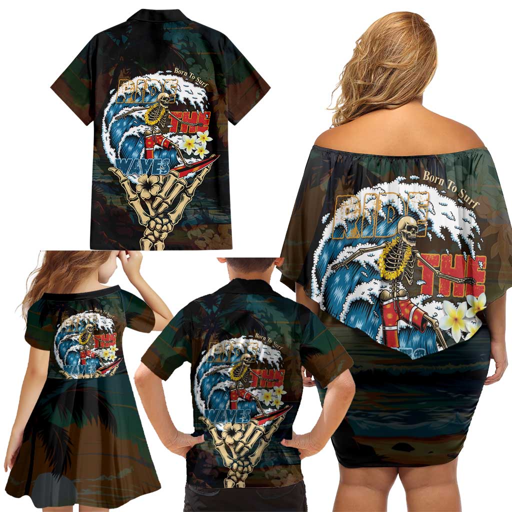 Aloha Hawaii Surfing Skull Family Matching Off Shoulder Short Dress and Hawaiian Shirt Shaka Skeleton Ride The Waves LT14 - Polynesian Pride