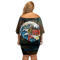Aloha Hawaii Surfing Skull Family Matching Off Shoulder Short Dress and Hawaiian Shirt Shaka Skeleton Ride The Waves LT14 - Polynesian Pride