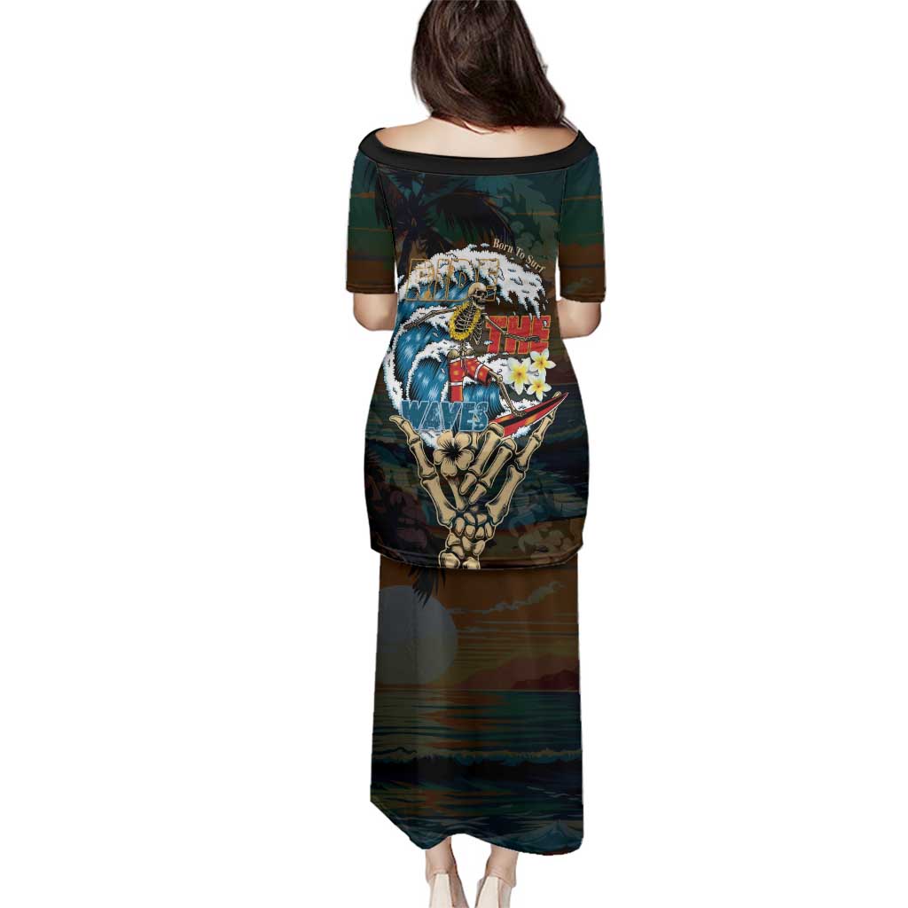 Aloha Hawaii Surfing Skull Family Matching Puletasi and Hawaiian Shirt Shaka Skeleton Ride The Waves - Polynesian Pride