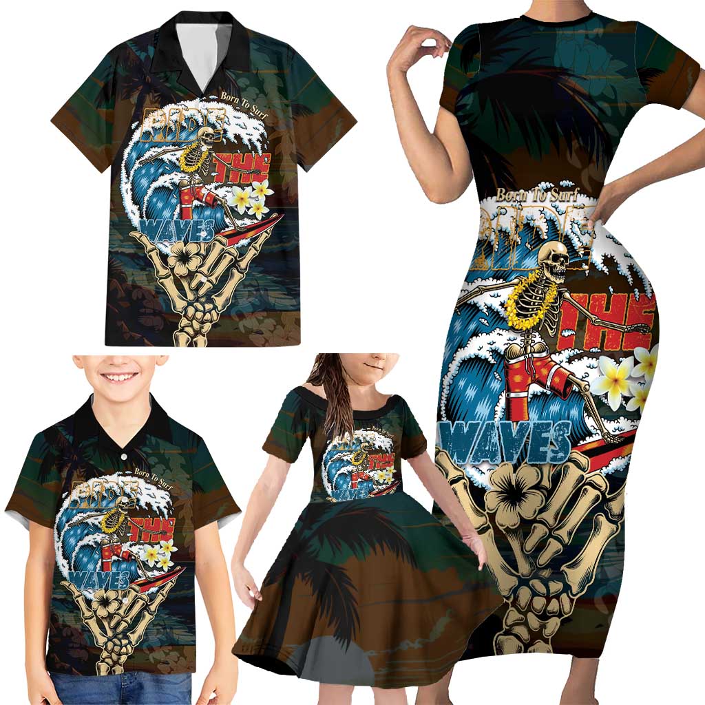 Aloha Hawaii Surfing Skull Family Matching Short Sleeve Bodycon Dress and Hawaiian Shirt Shaka Skeleton Ride The Waves LT14 - Polynesian Pride