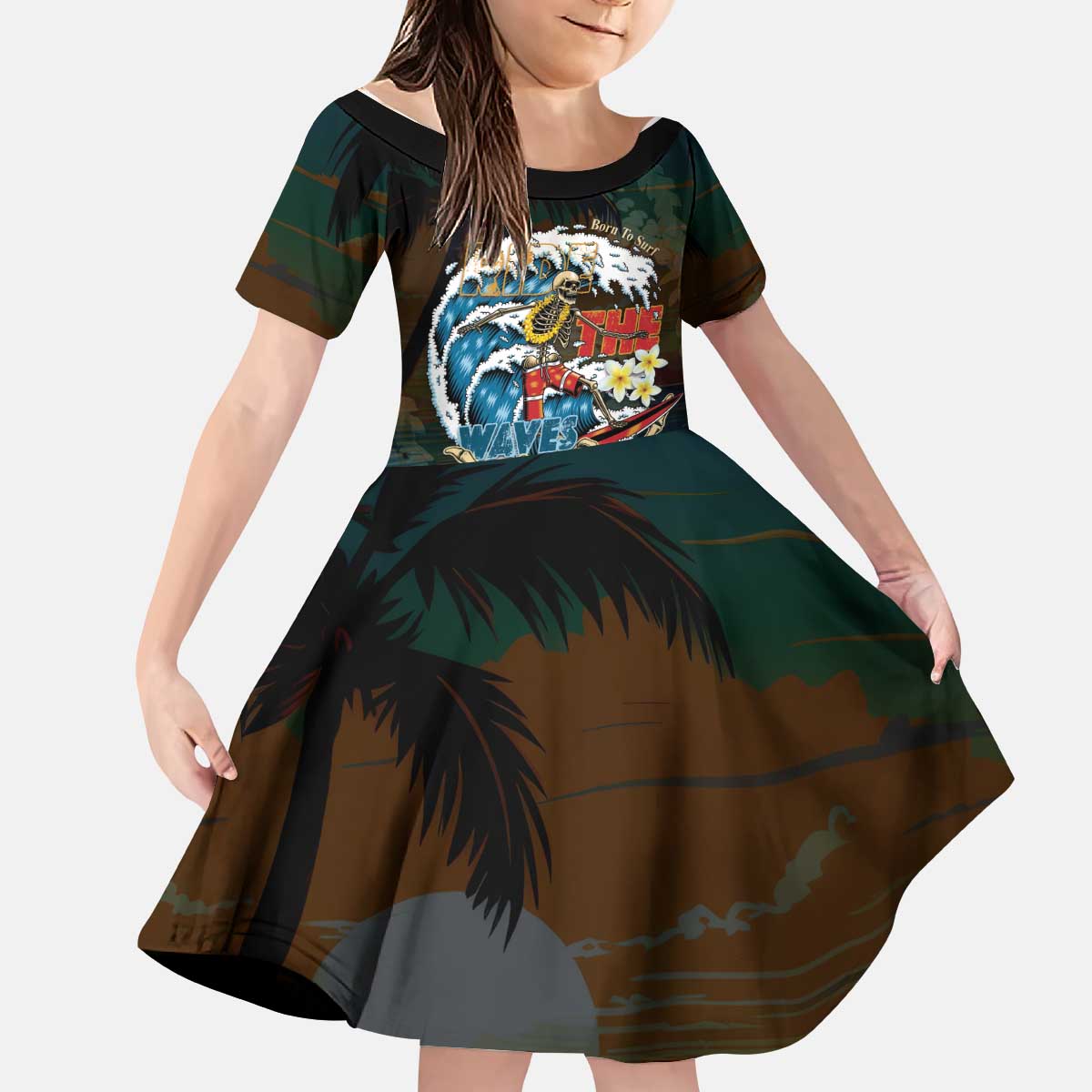 Aloha Hawaii Surfing Skull Kid Short Sleeve Dress Shaka Skeleton Ride The Waves - Polynesian Pride