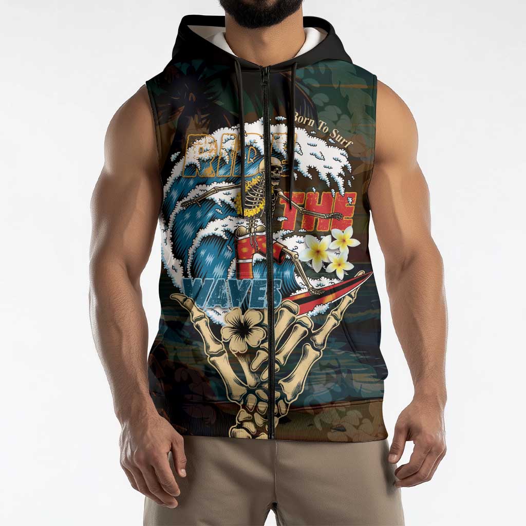 Aloha Hawaii Surfing Skull Sleeveless Zip Hoodie Shaka Skeleton Ride The Waves LT14
