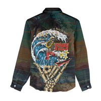 Aloha Hawaii Surfing Skull Women Casual Shirt Shaka Skeleton Ride The Waves - Polynesian Pride