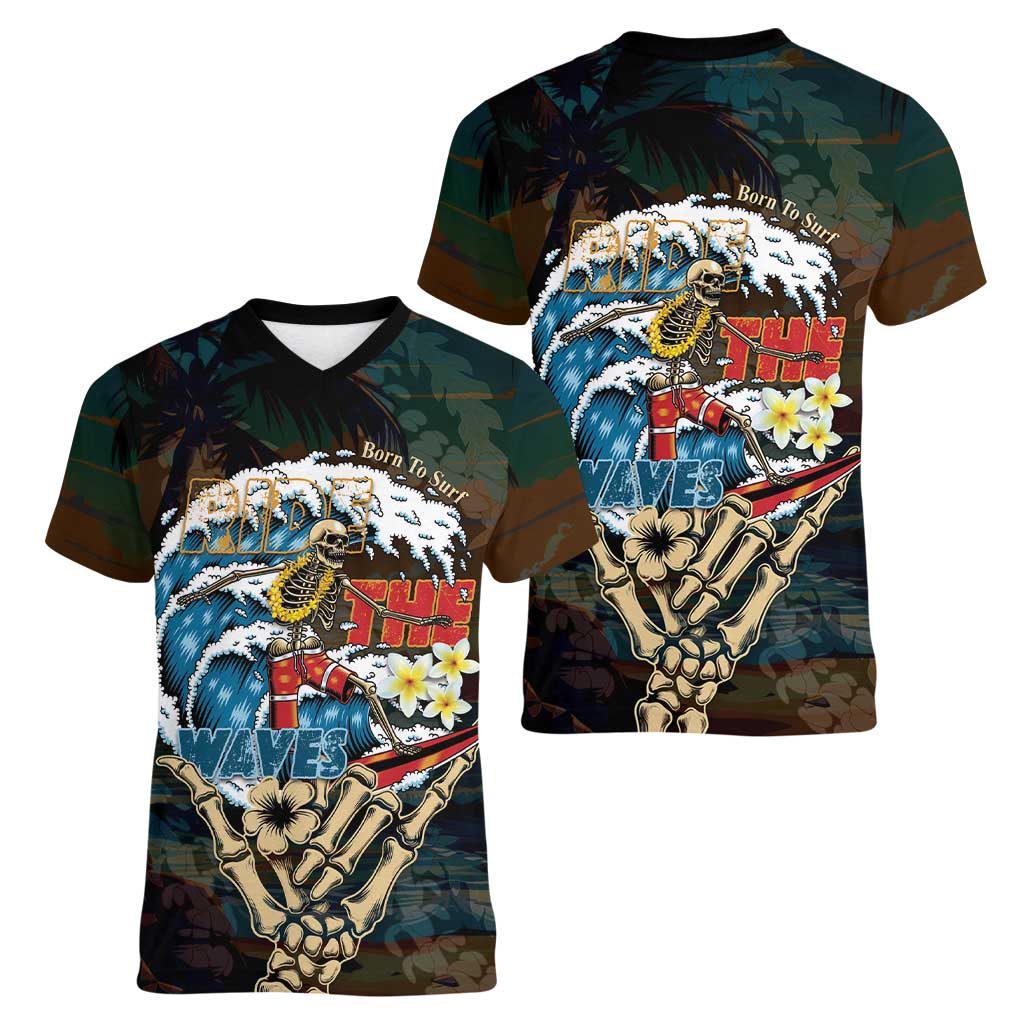 Aloha Hawaii Surfing Skull Women V-Neck T-Shirt Shaka Skeleton Ride The Waves - Polynesian Pride