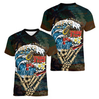 Aloha Hawaii Surfing Skull Women V-Neck T-Shirt Shaka Skeleton Ride The Waves - Polynesian Pride